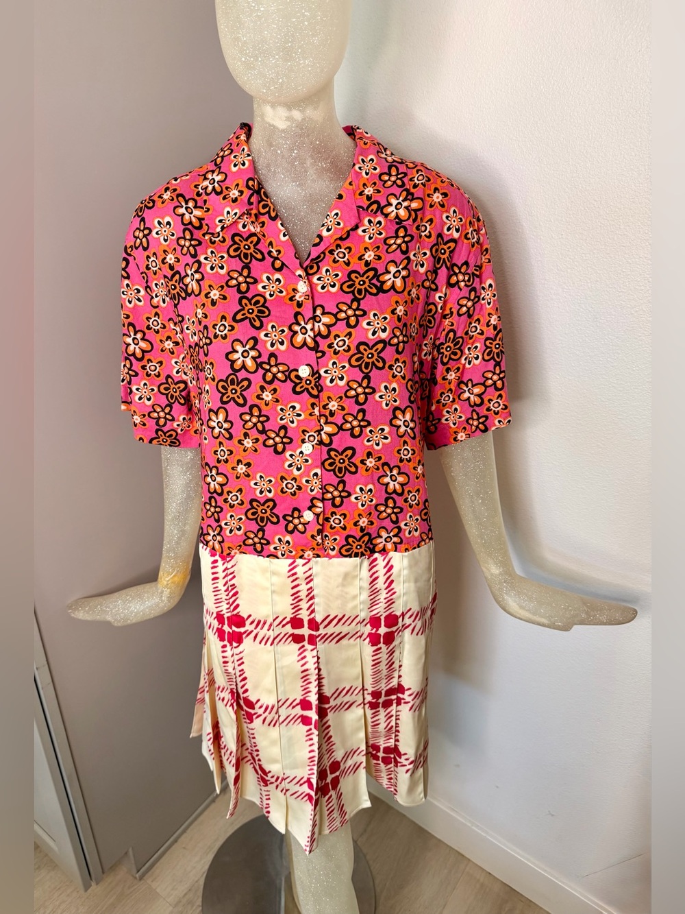 MARNI x Uniqlo Floral Plaid Mixed Media Shirt Dress. Size Medium